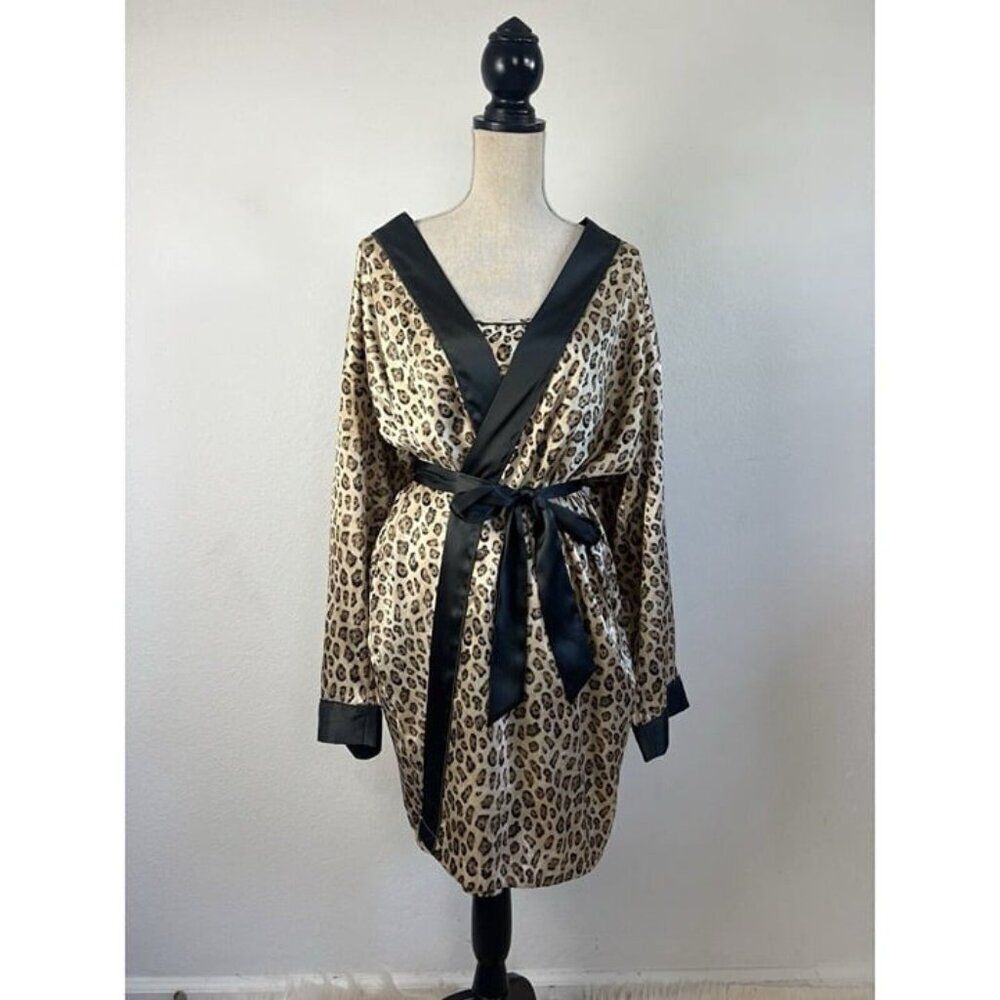 Valerie Stevens Vintage Satin Animal Print Cheers Kimono Robe & Slip Dress Med